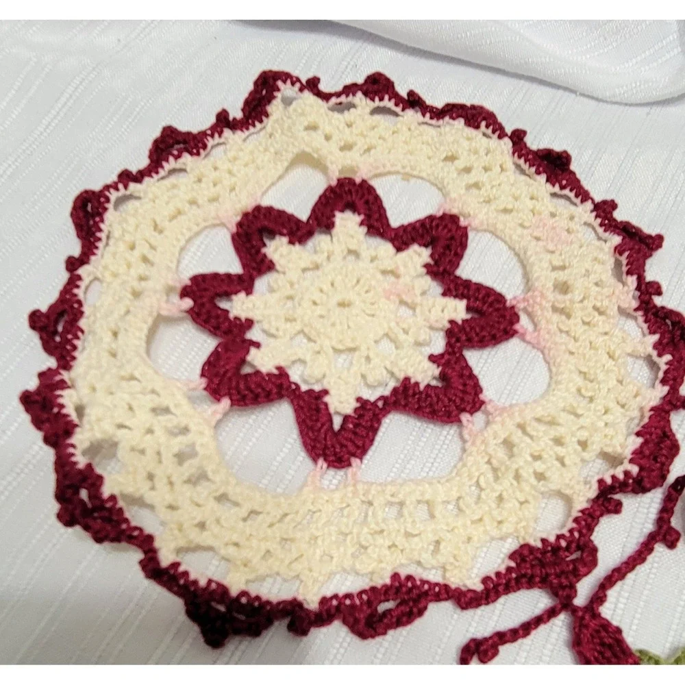 Doily Set 3pc Cream Burgundy Green Pink Floral Round Vintage Handmade Crochet